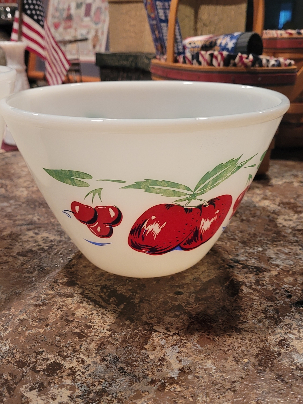 vintage Fire-King "Apples and Cherries" Milk Glass mixing bowls. Set Of 3. - Picture 6 of 16
